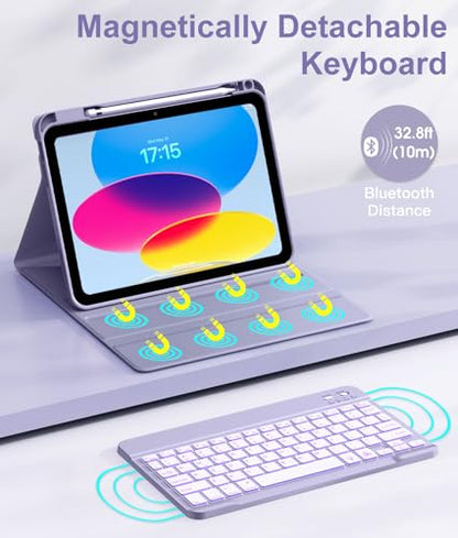 Hamile for iPad 11th 10th Generation Case with Keyboard - 7 Colors Backlit Wireless Detachable Folio Keyboard Cover with Pencil Holder for iPad 11-inch A16 2025 10th Gen 10.9 Inch 2022 (Lavender) - color: Lavender