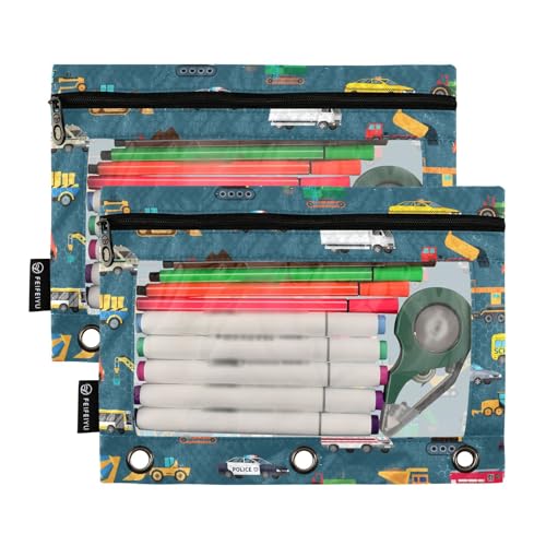 Car Childish Truck Pencil Pouch for 3 Ring Binder, Binder Pencil Pouches with Clear Window Zipper Pencil Case for Office College Supplies, 2PCS (B0305) - color: B0305