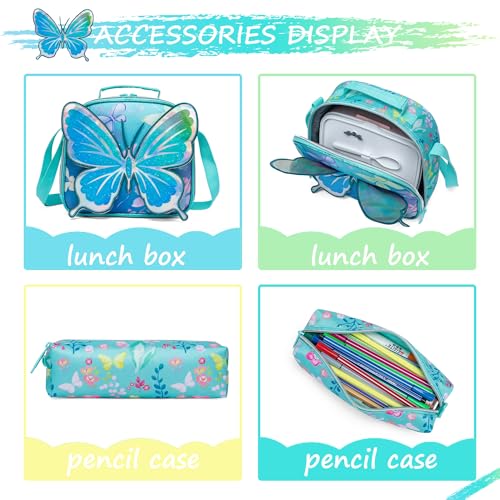 Girls Kids Rolling Backpack with Wheels Trolley School Bag Waterproof Travel Luggage for Kids Girls and Students lunch bag Lightweight and Multi functional 5-10 Years Old - color: Butterfly Blue