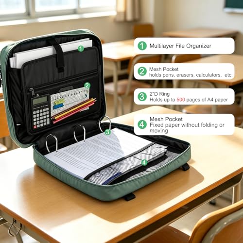 LLi Cufite Zippered Binder Bag,3 Ring Binder with Multi-Pocket - 500 Sheet Capacity, Up to 14" Laptop and Tablet, Detachable Backpack Straps & Shoulder Use for School and Offices(Dark Green) - color: Dark Green