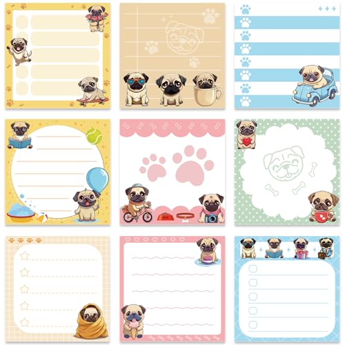 Pug Sticky Notes Gifts - 9 Pack Pug Notepads 3x3 Inch Gifts for Dog Lovers, Cute Dog Self-Adhesive Memo Pads Office School Supplies for Friends Coworkers (450 Sheets) - style: Pug