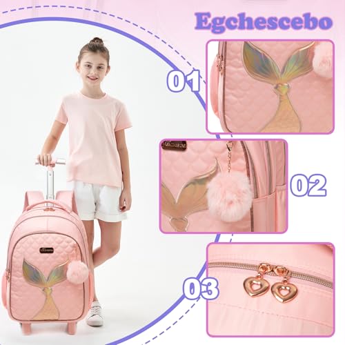 Kids Rolling Backpack for Girls Trolley Suitcases Luggage Travel with Wheels Bookbag Wheeled 17" 3PCS Roller Backpacks Toddler Back Pack School Bags Set for Elementary Mermaids Pink - color: 5225-yuweiba-pink