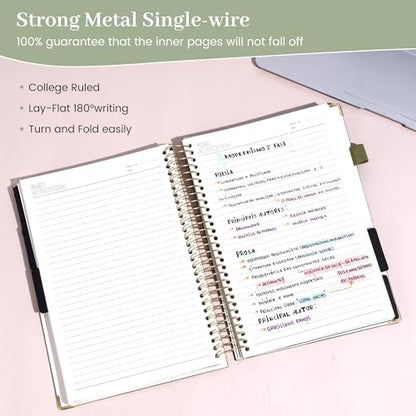 FLYING EAGLE Leather Spiral Notebooks for Work 5 Subject Notebook College Ruled with Dividers Pen, 360 Pages B5 Hardcover Lined Journals for Women Men Writing,Green - color: A.green