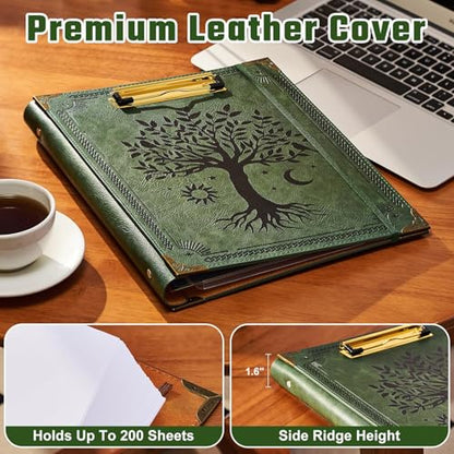Ovesmusl 1 Inch 3 Ring Binder with Clipboard Leather Round Ring Binder with 5 Dividers, Plastic Folder, 400 Divider Stikers, Fits 175 Sheets 8.5"x11" Letter Size Paper, Tree of Life Green - color: Green Tree