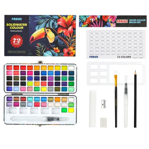 PABLUE Watercolor Paint Set 72 Colors, for Beginners and Professionals | Travel Watercolor Set, Detail Paint Brush Included, Portable Carrying Case, Palette and Accessories, Art Supplies - color: 72 Colors