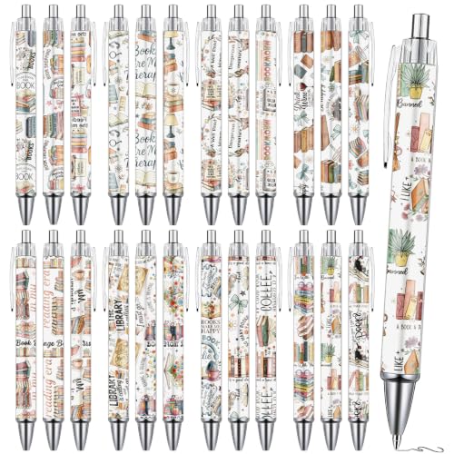 Book Lovers Ballpoint Pens Gifts - 24 Pcs Book Club Pens Set Reading Flower Retractable Writing Ball Point Pen Bookish Gift for Women Librarians Bookworms Teacher Office Party Favor Supplies - style: Book Lover
