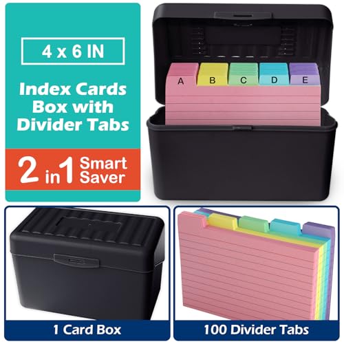 Olivo 4x6 Index Card Holder Box with 100 Cards Dividers Tabs 4"x 6", Black - color: Black, size: 4" x 6"
