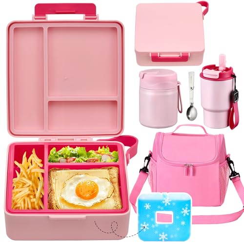 Pawtong Lunch Box Set with Bento Box Container, 17OZ Stainless Steel Food Soup Thermo, Kids Water Bottle & Portable Insulated Lunch Bag – Leakproof, Hot/Cold Retention for School, Travel(Pink) - color: Pink