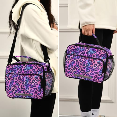 MNSRUU Student Lunch Bag Neon Purple And Pink Leopard Insulated Lunch Totes Picnic Bag Lunch Box with Adjustable Shoulder Strap for Teen Kids Adults - color: Leopard 13