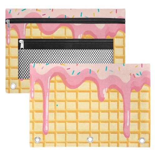 Pink Ice Cream Pencil Pouch for 3 Ring Binder Waffle Cookies Pencil Case Bag with Clear Window Zipper Pockets for Kids Girls Boys Students School College Supplies 2 Pack - color: Pink