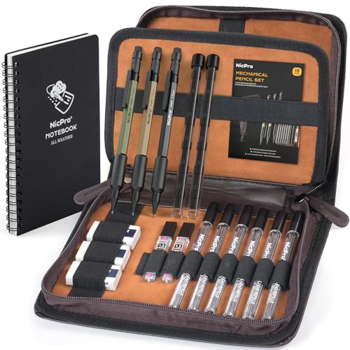 Nicpro 1.3mm Mechanical Pencil Set with Waterproof Field Notebooks | 3PCS Metal Heavy Duty Carpenter Pencil with Leather Bag,Lead Refill & Eraser for Outdoor Journal Travel Drafting Drawing