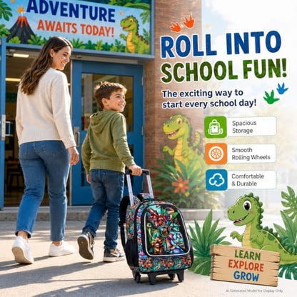 AGSDON 3PCS Rolling Backpack for Girls and Boys, Kids Roller Wheels Bookbag, Wheeled Elementary School Bag with Lunch Bag - color: Dinosaur Roller