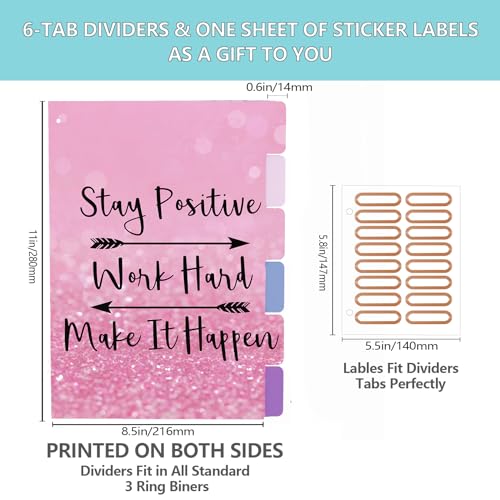 3 Ring Binder 2 Inch, Cute Pink Round Ring Binders with 6 Tab Dividers, Labels Stickers, Low Profile Clipboard with Storage, Fashion Binder School Office Supplies(Stay Positive) - color: Stay Positive