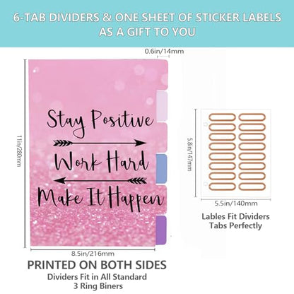 3 Ring Binder 2 Inch, Cute Pink Round Ring Binders with 6 Tab Dividers, Labels Stickers, Low Profile Clipboard with Storage, Fashion Binder School Office Supplies(Stay Positive) - color: Stay Positive