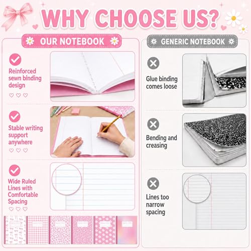 6 Pack Large Composition Notebooks Bulk 9.8 × 7.5 in Wide Ruled Hard Cover Composition Book Assorted Marble Journal College Ruled Paper for Adult Student College Office Back to School Supplies(Pink) - size: 6 Pack, style: Pink