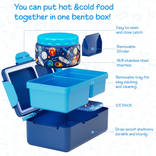 SHPMXUPW Kids Bento Lunch Box – 12 oz Stainless‑Steel Soup Thermo & 3‑Compartment Leak‑Proof Food Container with Built‑In Ice Pack, Insulated Food Jar for Boys & Girls, School & Travel - color: Blue-Universe