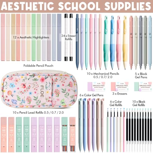 65PCS Aesthetic School Supplies Back to School Supplies Cute Stationary Set | College Essentials Kit with Pencil Case, Pastel Highlighters Gel Pens Mechanical Pencil Set 0.5 0.7 & 2.0mm for Student Girls - color: Pink Floral