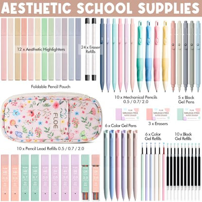 65PCS Aesthetic School Supplies Back to School Supplies Cute Stationary Set | College Essentials Kit with Pencil Case, Pastel Highlighters Gel Pens Mechanical Pencil Set 0.5 0.7 & 2.0mm for Student Girls - color: Pink Floral