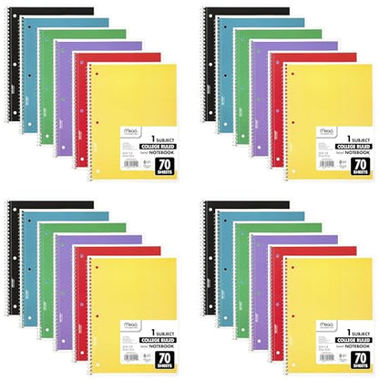 Mead Spiral Notebook, 1 Subject, College Ruled Paper, 7-1/2" x 10-1/2", 70 Sheets per Notebook, Colors Will Vary (73065) (Pack of 24) - size: Pack of 24