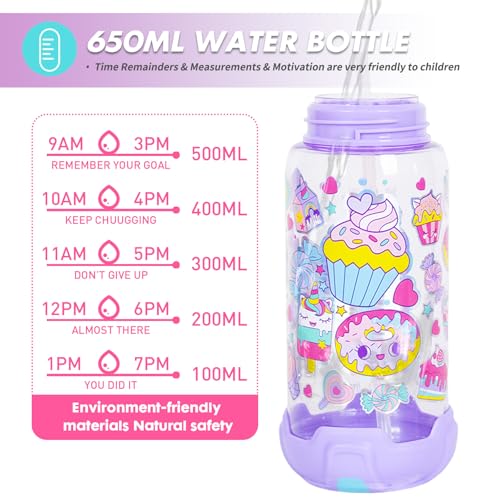 Kids Water Bottle with Straw/Lanyard for School Kids Girls Boys, 22oz BPA Free Child Drinking Water Bottle One-Click-Open Leak-Proof Locking Flip Lid for School Sport Travel - color: H09. Dessert
