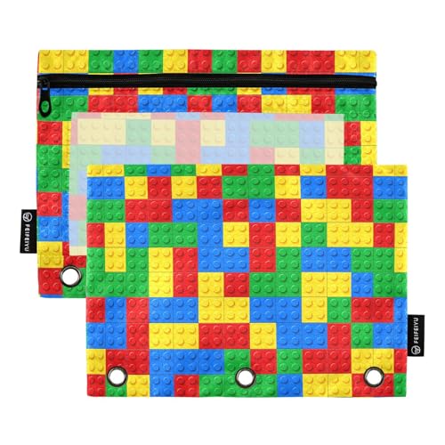 Gredecor Binder Pencil Pouch 3 Ring Plastic Building Blocks Zipper Pencil Pouches Case 2 Pack Clear Binder Organizer for School Office - color: Building Blocks