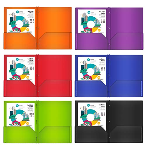 Performore 6-Pack Multi-Colored Plastic Folders | Letter-Size 2 Pockets, 3-Prong Fasteners | Durable Organizational Solution for School, Office, Home, Kids, and Projects