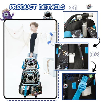 Meetbelify Kids Rolling Backpack with Wheels for Boys Rolling Backpacks with Lunch Box for Elementary School Students 3 in 1 Travel Luggage Suitcase for Boys Age 8-10 - color: Boy 02