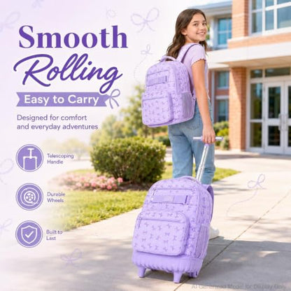 gxtvo Girls Rolling Backpack, Women Roller Bookbag with Lunch Box for Adults, Water Resistant Wheeled School Bag for College Teens Kids Travel - Purple Bow - color: Girls Rolling Backpack Bow Purple