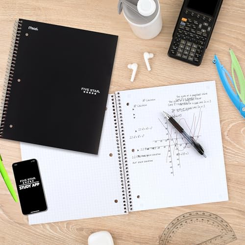 Five Star Spiral Notebook + Study App, 1 Subject, Graph Ruled Paper, 8-1/2" x 11", 100 Sheets, Fights Ink Bleed, Water Resistant Cover, Black (73679) - color: Black, size: Pack of 1