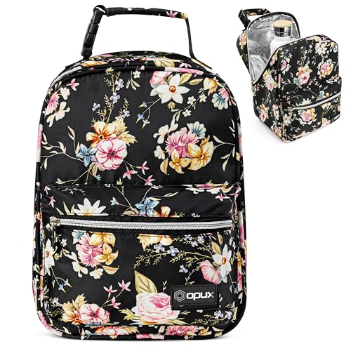 opux Insulated Lunch Box for Kids & Adults, Leakproof Reusable Lunch Bag for Work School Office, Soft Cooler Lunchbox for Girls Boys Women Men with Clip-On Buckle & Front Pocket, Floral Black - color: Pink/Black Flowers