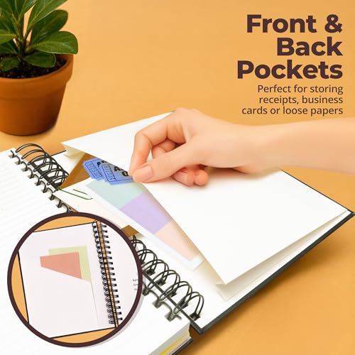 Hardcover Leather Lined Spiral Notebook 8x10" with Removable Dividers - Black - 300 Pages 5 Subject College Ruled Notebook for Work with Tabs, Pockets, and Pen Loop for Note Taking, Large Journal - color: Black
