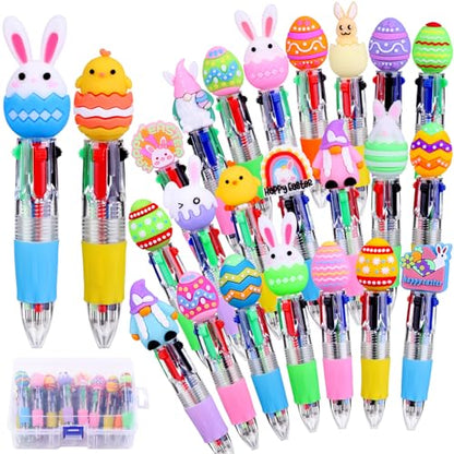 Vellibring 24PCS Easter Fun Pens Cute Multicolor Ballpoint Pens 4 Colors in 1 Kawaii Bunny Easter Egg Chicken Rainbows Gnome for Easter Party Favors Basket Stuffers School Supplies Students Rewards - style: Easter Eggs-24pcs