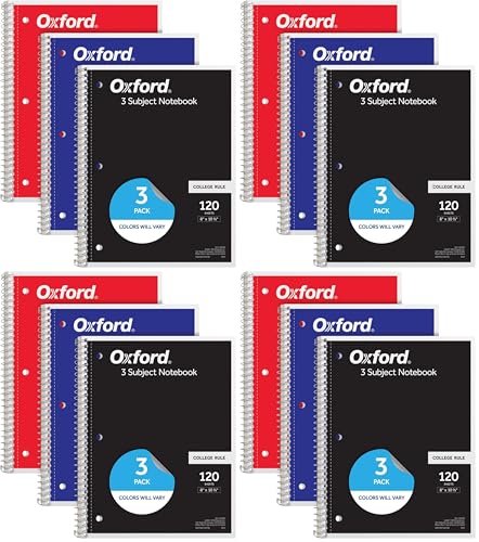 Oxford Spiral Notebooks, 3 Subject, College Ruled Notebooks for School, 8 x 10.5 Inches, 120 Sheets, 2 Dividers, Assorted Colors, Back to School Supplies (65202) (Pack of 12) - size: Pack of 12