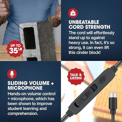 SENTRY Bulk 8 Pack Rugged School Headphones, USB C Jack Connection, Durable for Kids, Students, Teachers, Classrooms, Braided Cable, Inline Microphone, for Online Learning