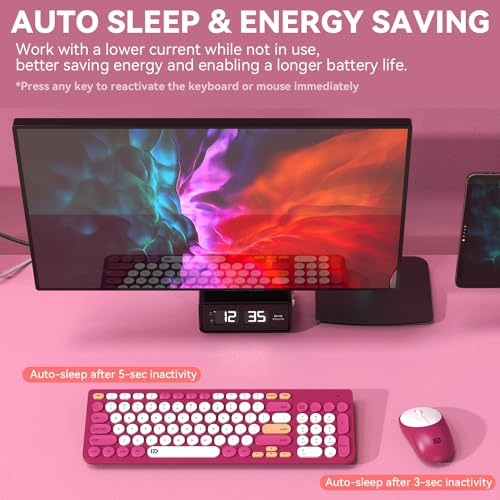 Wireless Keyboard and Mouse Combo, 2.4GHz Colorful Cute Round Keycaps Keyboard for Office Computer PC Desktops Laptop (96 Keys Rose Red) - color: 96 Keys Rose Red