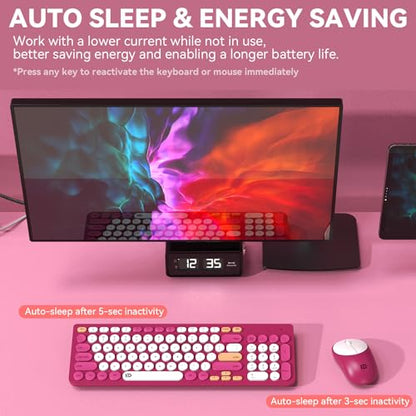 Wireless Keyboard and Mouse Combo, 2.4GHz Colorful Cute Round Keycaps Keyboard for Office Computer PC Desktops Laptop (96 Keys Rose Red) - color: 96 Keys Rose Red