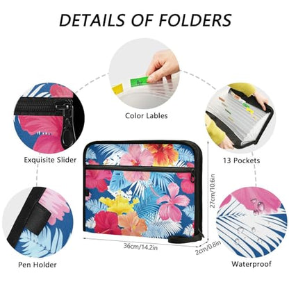 Hibiscus Flower and Leaf File Folders,Plastic Folders with 13 Pockets,Expandable File Folder for Documents School Students Office,Aesthetic Folder with Labels A4 Letter Size - color: Multi 25