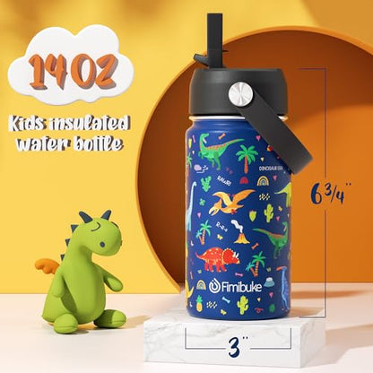 Fimibuke Kids Insulated Water Bottle, 14oz BPA FREE Double Wall Vacuum Tumbler 18/8 Stainless Steel Leak Proof Kids Cups with Straw Metal Water Bottle for School Boys Girls, 2 Pack - color: Dinosaur & Construction Trucks