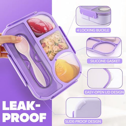 EASYFUN Bento Box Adult, Lunch Box, 4-Compartment Lunch Containers, Drop-Proof, Dishwasher Safe & Made with BPA-Free Materials (Purple) - color: Purple