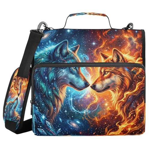 Blue Orange Flame Space Wolf 3 D-Ring 2 inch Zipper Binder Bag with Shoulder Strap, Multi-Pocket Portfolio Organizer Case for 13 Inch Laptop Middle School