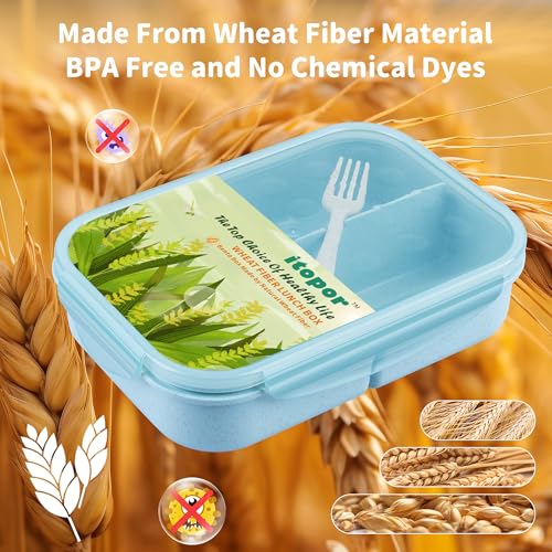 Itopor Bento Box for Kids & Adults, Lunch Box 46 oz, Pale Blue | Wheat straw material, BPA-free, leakproof, 3 compartments, microwave & dishwasher safe, for school, office & travel - color: Pale Blue