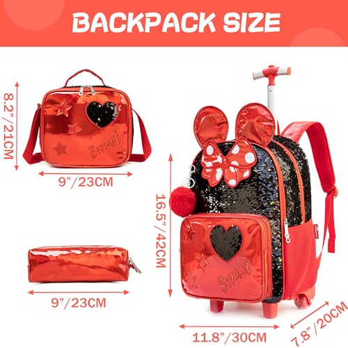 Meetbelify Rolling Backpack for Girls Backpacks with Wheels for Elementary School Students Kids 3 in 1 Travel Luggage Suitcase with Lunch Box Pencil Case for Girls Age 8-10 - color: Big Ear Red