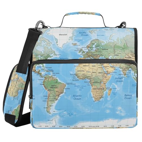 3 Ring Zipper Binder with Shoulder Strap World Map Blaue 1.5 inch Binders Keeper Large Capacity Multi Pockets for School Office Supplies - color: Multi239, size: Fit 500 Sheets