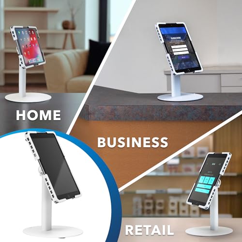 Mount-It! Universal Tablet Stand with Tilt, Anti-Theft Retail iPad POS Kiosk Stand, Fits 9.7"–13.1" Tablets, 90° Rotation & 180° Tilt, 20 lb Capacity, Steel Countertop Mount, White - color: White