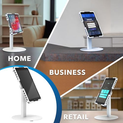 Mount-It! Universal Tablet Stand with Tilt, Anti-Theft Retail iPad POS Kiosk Stand, Fits 9.7"–13.1" Tablets, 90° Rotation & 180° Tilt, 20 lb Capacity, Steel Countertop Mount, White - color: White