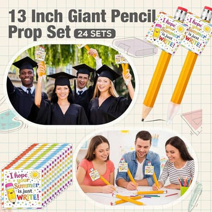 24 Sets End of the Year Student Gifts 13 Inch Big Wooden Jumbo Pencils Set of Giant Pencil Prop with Summer Greeting Card Large Pencils with Cap Preschool Kindergarten Graduation Gift
