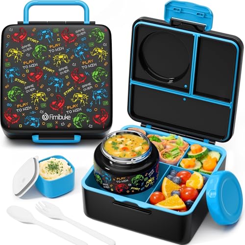 Fimibuke Bento Lunch Box for Kids Adult, 3-4 Compartment 60OZ Toddler Lunch Box Container with Leakproof 8OZ Insulated Food Jar, Sauce Jar, Utensil for School Boys Girls, BPA-Free Dishwasher Safe - color: B3. Game Controllers