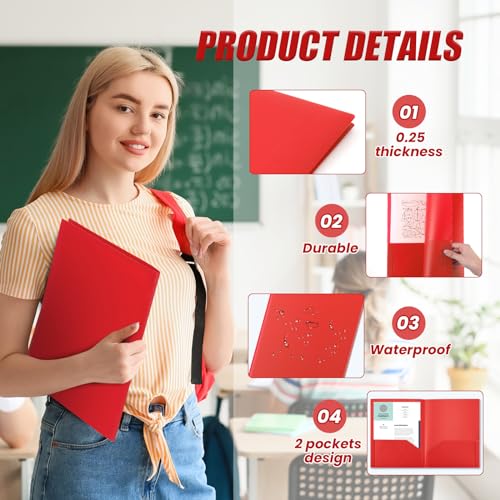 Gueevin 100 Pack Plastic Folder with Pockets, 2 Pocket Folders, Plastic Glossy Folders Fit Letter Size Paper, Heavy Duty Durable File Folder with Business Card for Home Office School (Red) - color: Red