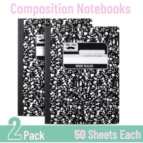Mr. Pen- Composition Notebook, 2 Pack, Wide Ruled, 50 Sheets, 9.75" x 7.5" | Black Marble, Composition Book, Notebooks for School, Wide Ruled Composition Notebook, Journal Notebooks, Writing Notebooks - size: 2 Pack