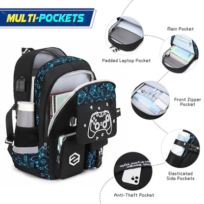 Scothen Boys Backpack, Cool Luminous School Backpacks for Boys with Lunch Bag Pencil Case, Kids Backpack Kindergarten Elementary Middle School Book Bags for Teen Boy Children with USB Charging Port - color: Blue Pattern